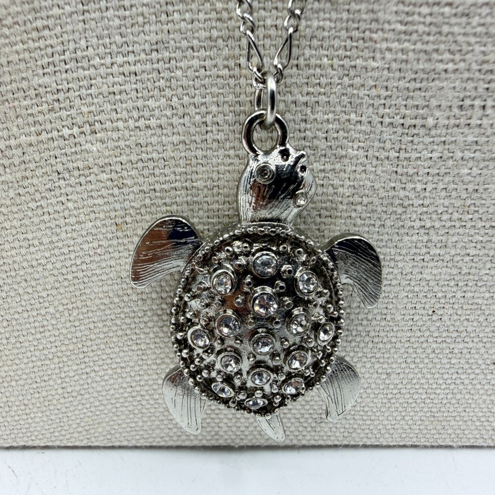Y2K Crystal Turtle Pendant Necklace Silver Tone Boho Statement Sea Life Jewelry